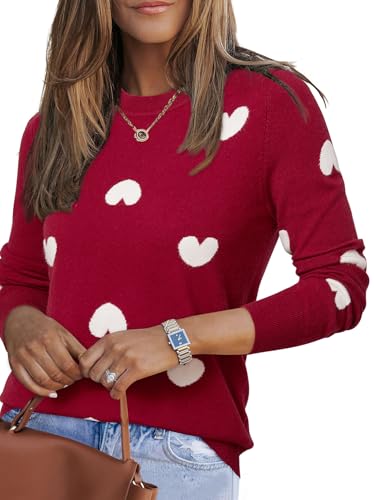 Arach&Cloz Womens Long Sleeve Sweaters Work Formal Valentine's Day Fashion Heart Spring Trendy Tops Shirts Easter Crew Neck Business Casual Dressy Outfits Clothing 2026 Burgundy White Heart S