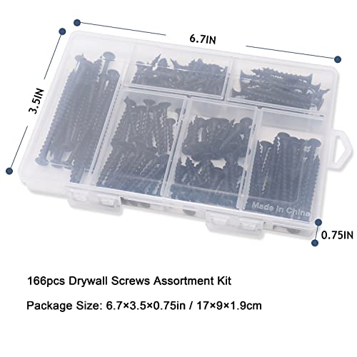 Jegonfri High Hardness Drywall Screws Assortment Kit, 166 Pcs, Coarse Thread, Phillips Drive, Black Wood Screws, Screws Assortment, Screws Set, 6 Sizes (3”,2”,1-1/2”,1-1/4”,1”,3/4”) #TOP6