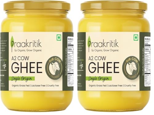 Image of Praakritik A2 Gir Cow Ghee 1L, 100% Natural A2 Cow Ghee Prepared by Traditional Bilona Method - Vedic Cultured, Grassfed, GMO-Free, Lactose-Free, Vegetarian - 1 Litre (Pack of 2)