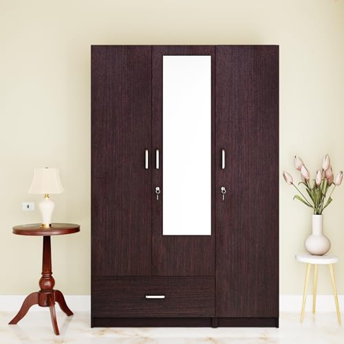 Image of VIKI Wardrobe | Wooden Almirah for 3 Door Wardrobe with 1 Drawer & Hanging Space with Mirror (Dark Wenge - 40D x 120W x 180.8H) | 1 Year Warranty | Free Assembly