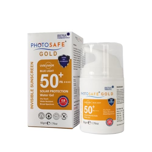 Image of Photosafe Gold Invisible Sunscreen SPF 50+ PA++++, Water Resistant Broad Spectrum UVA UVB Blue Light Protection, Dry Touch Water Gel, 50gm