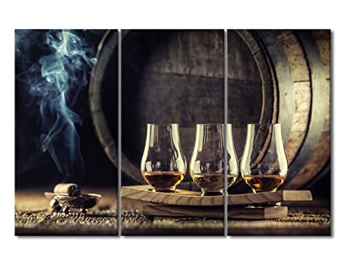 3 Piece Wall Art Oak Barrels and Whiskey Pictures for Living Room Cigar Canvas Prints Set Home Modern Decor Posters and Prints Gallery-Wrapped Ready to Hang Wooden Framed, 60" Wx40 H