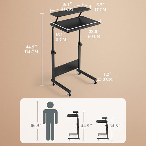YITAHOME Beistelltisch Höhenverstellbar mit Rollen, Mobilfunk Laptoptisch, Tragbarer Home Office Schreibtisch mit Aufbewahrungsregal für Schlafzimmer, Stehpult Beistelltisch Rollen, Schwarz