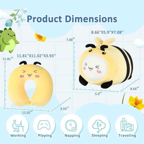 Image of Kids Travel Pillow - 2-in-1 Deformable Kids Neck Pillow for Traveling, Soft U-Shaped Pillow with Adorable Animal Design, Comfy Sleep and Play, Ideal for Airplane Traveling - Yellow Bee