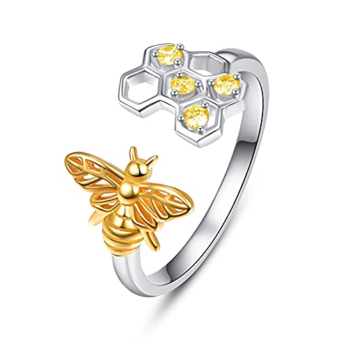 PRAYMOS Honey Bee Rings 925 Sterling Silver Ring Honeycomb Open Adjustable Thumb Rings for Women Honeybee Jewelry US Size 7-9