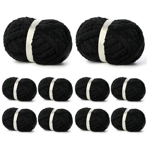 10 Pack of Black Soft Jumbo Chunky Yarn for Hand Knitting,Thick Blanket Yarn for Crocheting, #10 Super Bulky Yarns, 220yds/70.5oz Fluffy Chunky Chenille Yarns for Crocheting.