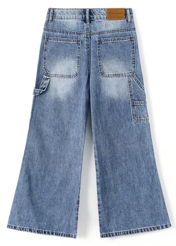 KIDSCOOL SPACE Girls' Wide-Leg Jeans, Elastic Band Inside Big Patchwork Flared Denim Pants2