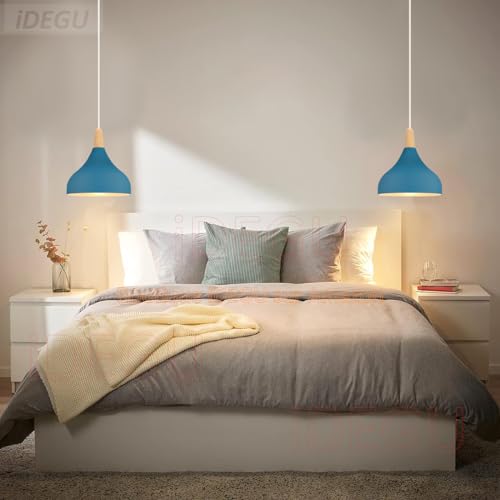 Miniatura 2 de Idegu 2 Piezas Lámpara Colgante Moderna, Retro Led Lámpara De Techo Madera Metal Estilo Nordico Iluminación E27 Luz De Techo Interior Para Comedor Salon Dormitorio, 20cm Azul Oxford