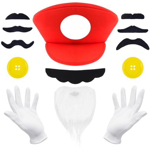 FORETOGO Plumber Costume Kit with Red Cap Moustache & White Gloves
