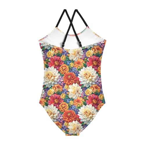 senya Girls Swimsuits One-Piece Swimwear Tie Bathing Suit Beach Summer Round Neck 7-8T Multicolored Dahlia Flowers Pattern2