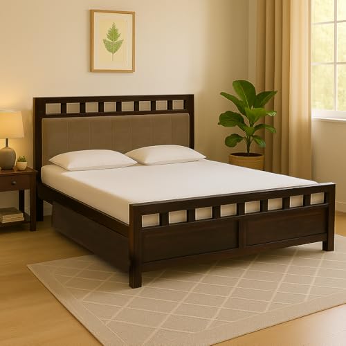 Image of EXCEL HOME Solid Sheesham Wood Queen Size Bed with Drawer Storage | Wooden Double Bed with Drawer Box Storage & Upholstered Cushined Headboard for Bedroom | PT Color Finish