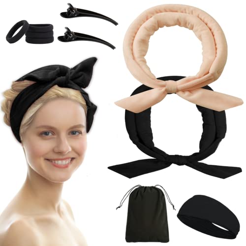 NICPOO No Heat Rollers Hair Curlers for Long Hair,2 Pcs Styler Headband to Sleep in,Curling Ribbon for Women.Mini Hair Ties Styling Accessories Tools.(Pale pink+Black)