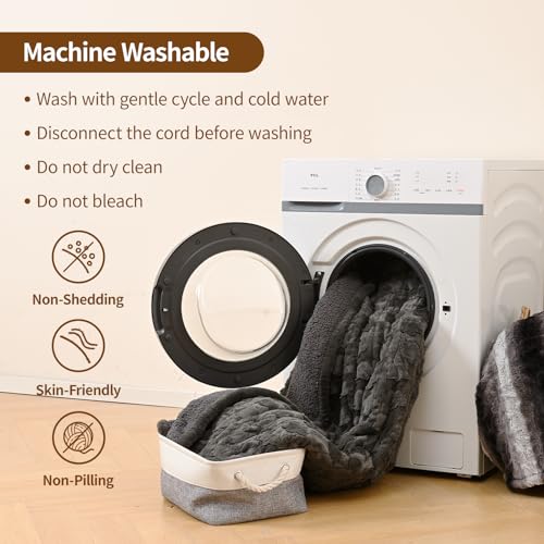 Image of Bearhug Heated Blanket King Size, 100 inchx90 inch Dual Control Electric Blanket with 10 Heat Levels & 1-12H Auto Off, Gray Floral Faux Fur & Sherpa Bed Warmer for Couples, ETL Certified, Machine Washable