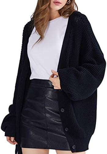 QUALFORT Women's Black Cardigan Sweater 100% Cotton Button-Down Long Sleeve Oversized Knit Cardigans Black Small