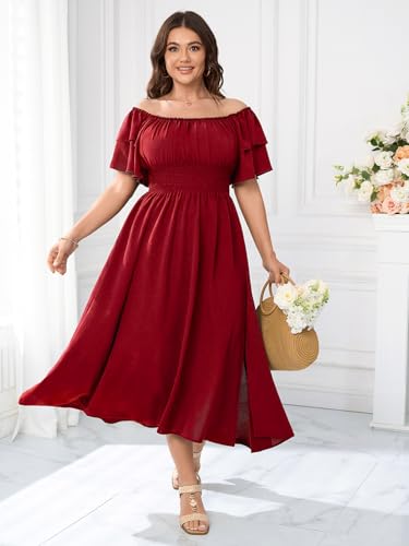 Image of Plus Size Maxi Dress Off The Shoulder Ruffle Smocked Wedding Guest Cocktail Slit Hem Flowy Dresses for Curvy Women