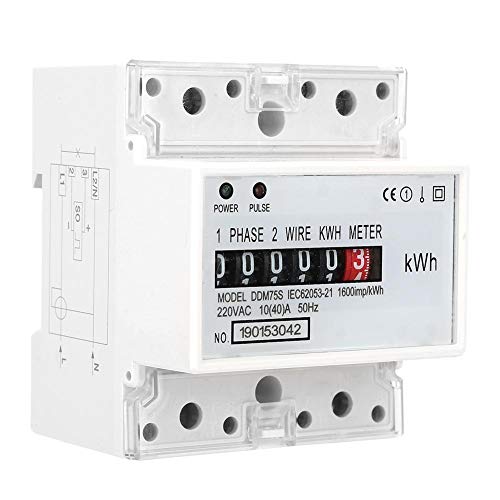 Image of Energy Meter, DDM75S Single Phase 4P Din Rail Energy Meter Electric Meter, Power Consumption Meter Kwh Meter with 5+1(99999.1KWh) Digital Display, 10-40A