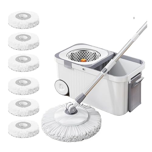 YUMEHDVHE Juego De Trapeador Rotatorio con 6 Cabezales De Repuesto Y Cubo, Mango Extensible, Deshidratación Automática Manos Libres, Limpieza De Pisos De Microfibra(White)