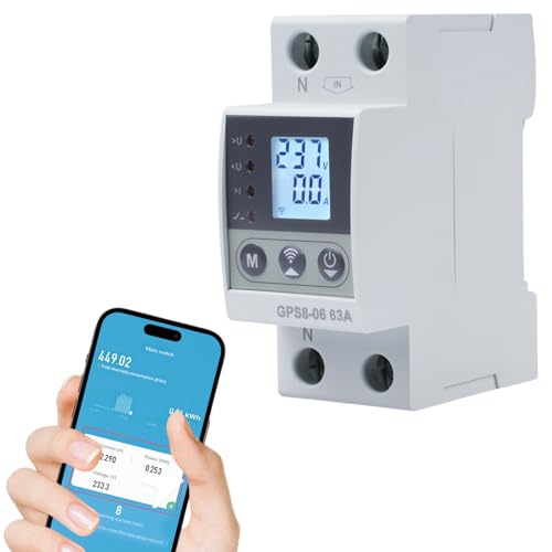 Jadeshay Interrupteur WiFi intelligent, 2P 220V Compteur Electrique Connecté Protecteur de Courant Tension avec Télécommande WiFi/Auto Réinitialisation(63A WiFi)