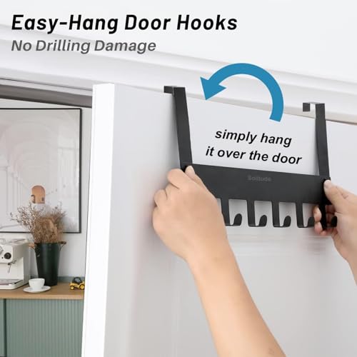 Image of Solitude Pack of 2 Heavy Duty Metal Over Door Hanger with 6 Hooks, Drill-Free Hanging Rack Organizer for Bathroom, Bedroom, Kitchen (Black)
