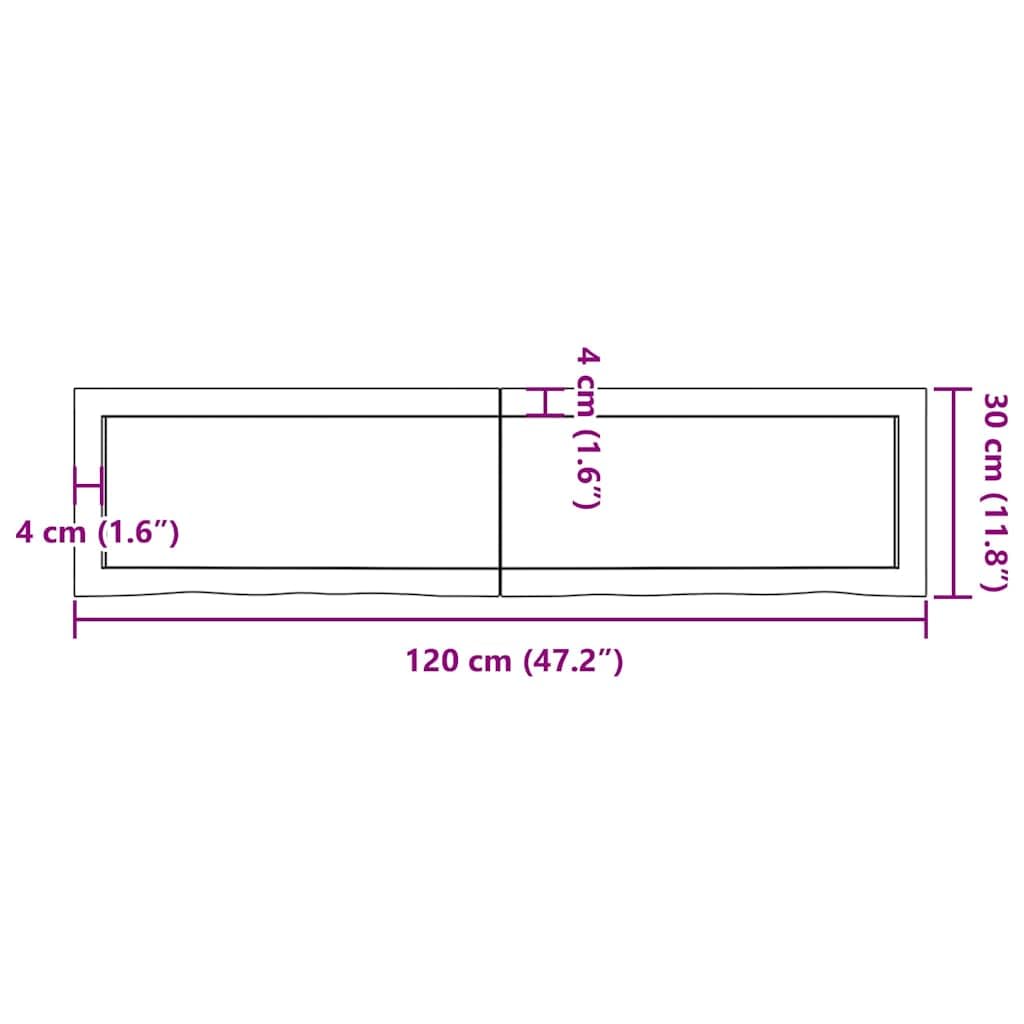 Piano per lavabo in legno massello di rovere marrone chiaro, 120 x 30 x (2-4) cm, con bordo naturale, per bagno, cucina, piano di lavoro, scaffale, piano da scrivania, versatile, robusto e
