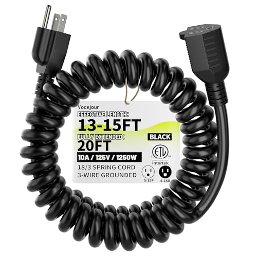Vockjour 18AWG 15ft Black Coiled Extension Cord, 3 Prong Flexible Spiral Power Cord for Standing...