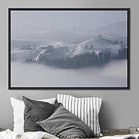 Framed Canvas Wall Art Foggy Mountains Aerial Cool Multicolor Nature Photography Realism Relax/Calm Rustic Wilderness - 16x24 inches