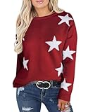 shermie Womens Star Graphic Sweaters Long Sleeve Crew Neck Casual Cable Knit Pullover Sweater Wine-Red 2 Small