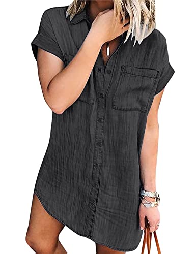 Zilcremo Women Denim Shirt Dresses Short Sleeve Distressed Jean Dress Button Down Casual Cotton Tunic Top Black S #TOP8
