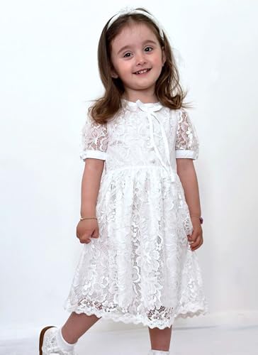 fioukiay Toddler Girls Lace Dresses Elegant Flower Dress Puff Sleeve Wedding Party Princess Dress3