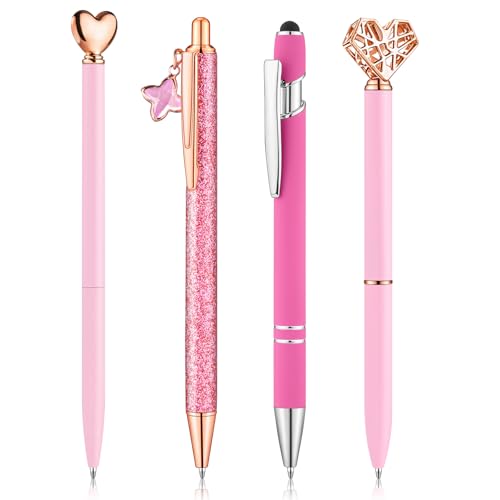 BESARME 4 Pcs Pink Pens for Women, Pink Gifts for Girls Bridal Shower Gifts for Women Diamond Pen Black Ink Cute Pens for School Office Supplies