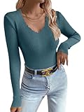  ticticlily Pull Femme Hiver Automne Chic et Élégant Décontracté T-Shirt Manches Longues Col V Haut en Tricot Côtes Pulls Léger Basique A Bleu XS