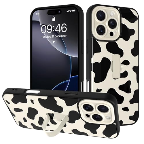 Image of for iPhone 16 Pro Max Case with Finger Strap Holder, Cute Cool Cow Print Pattern Design for Women Men, Shockproof Anti Scratch Hand Kickstand Protective Cover, White