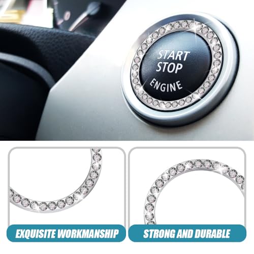 Image of 2 Pcs Crystal Rhinestone Car Engine Start Stop Decoration Ring, Push to Start Button Cover, Bling Car Accessories for Women, Key Lgnition Starter Knob Ring (White)