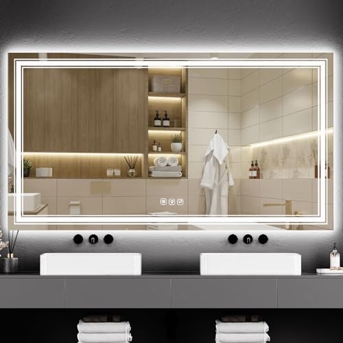 IDEALHOUSE 55x30 LED Bathroom Mirror with Lights,Anti-Fog,Dimmable,Backlit + Front Lit,Lighted Mirrors for Bathroom Wall,Double LED Vanity,3 Colors, Lighted Mirror,Stepless Dimming