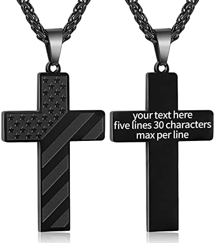 DuoDiner Black Custom American Flag Cross Necklace Pendant for Men Boys Customize Engraved Engravable Customized Stainless Steel Chain Personalized Christmas Gift