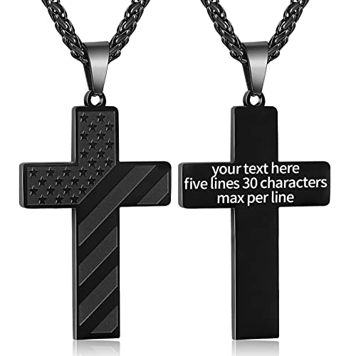 Duodiner Black Custom American Flag Cross Necklace Pendant For Men Boys Customize Engraved Engravable Customized Stainless Steel Chain Personalized Christmas Gift #TOP3