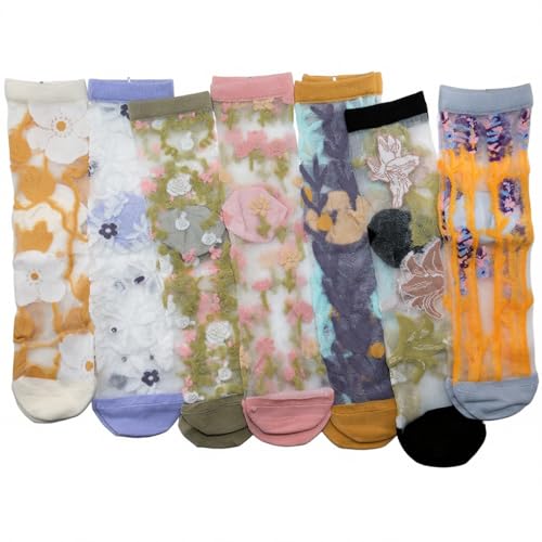 Womens Sheer Socks,Summer Vintage Floral Mesh Socks,Lace Elastic Cottagecore Glass Silk Sock