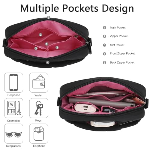 E-Tree Small Crossbody Bag for Women, Puffer Cross Body Purse, Nylon Quilted Shoulder Handbag with Multiple Pocket Black3