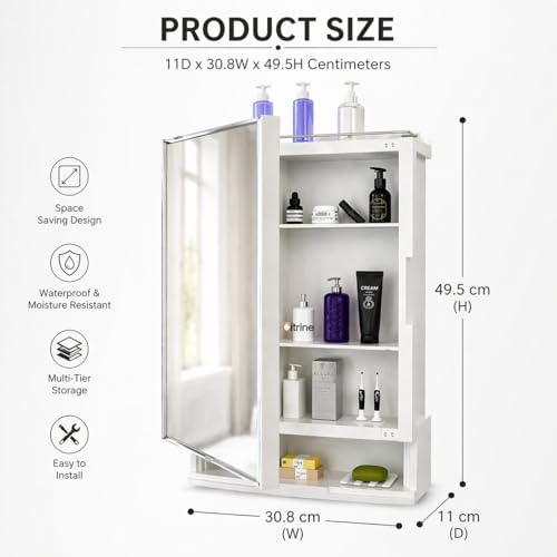 Image of Citrine Wall Mounted Bathroom Mirror Cabinet with Storage Shelves | Space Saving Organizer with Mirror Door | Waterproof Bathroom Storage Unit for Toiletries (White)