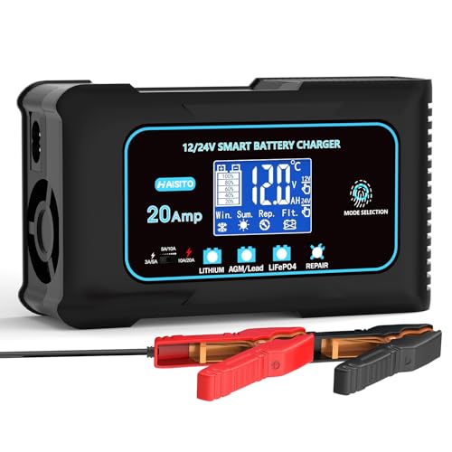 20AmpLithiumBatteryCharger, 12Vand24VLifepo4, Lead Acid (AGM/Gel/SLA。) Portable CarBatteryCharger, BatteryMaintainer, TrickleChargerandBatteryDesulfatorforCar,Boat,Motorcycle