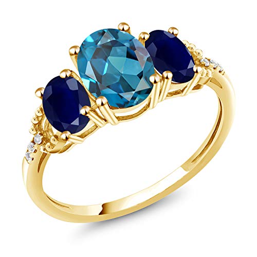 Gem Stone King 10K Yellow Gold Oval London Blue Topaz Blue Sapphire and Diamond 3-Stone Engagement Ring For Women | 2.64 Cttw | 3 Stone Wedding Anniversary Promise Ring For Women