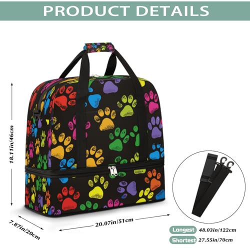 Foldable Carry On Bag for Travel, Expandable Duffle Bag with Shoe Compartment, Colorful Paw Print Lightweight Sports Gym Tote with Trolley Sleeve2