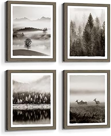 Framed Landscape Wall Art Bedroom: Modern Foggy Forest Picture Bathroom Living Room Black Pine Tree Nature Scene Print 4 Piece 11x14 Vertical Misty Mountain Deer Painting Artwork for Home Office