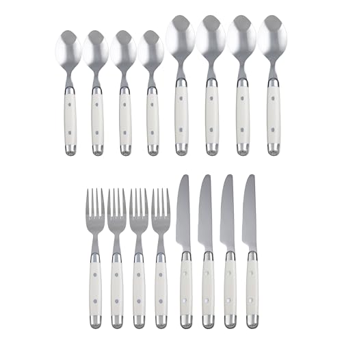 Cambridge Silverware Set, Jubilee White 16-Piece Flatware Set, Service for 4, 18/0 Stainless Steel, Silver Mirror Finish Beige Handles, Knives Spoons and Forks set, Dishwasher Safe, (Beige, 16 Pieces)