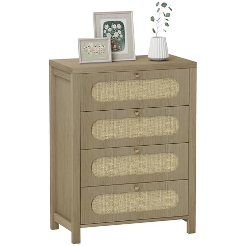 HOMCOM Commode 4 tiroirs Meuble de Rangement Style bohémienne avec Portes en résine tressée, poignées dorés, Commode Chambre à Coucher, Salon - 70 x 38 x...