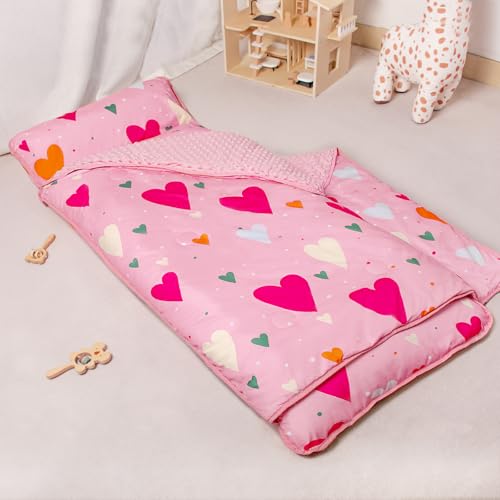 Toddler Nap Mat with Removable Cover and Name Tag - 55x22 Travel Size with Soft Minky Dots (Hearts)