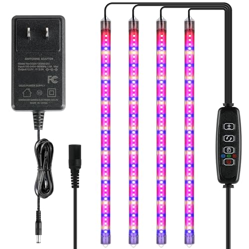 iPower 60W LED グローライト フルスペクトラム植物育成ライトストリップ 屋内植物用 自動オン/オフ 3/9/12時間タイマー付き、10段階調光レベル 48個のLED、4本のチューブ、ミックス