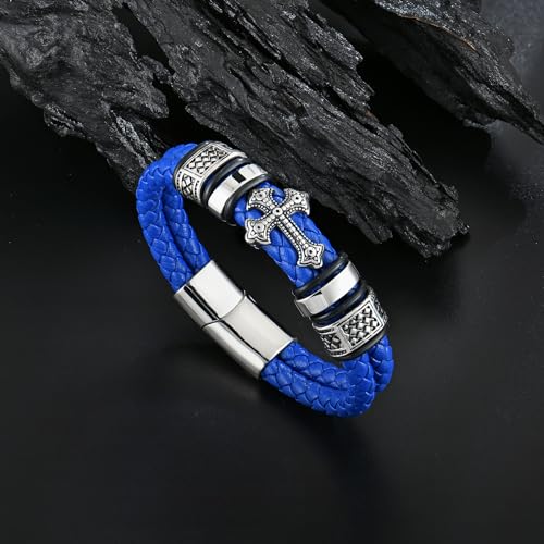 Pulsera para Hombre de Cuero con Cruz Cristiana Doble miniatura 4