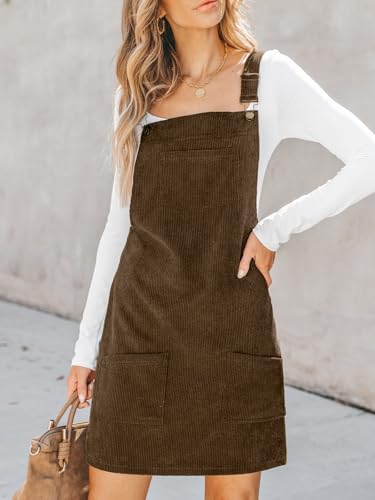 Image of CUPSHE Women Corduroy Fall Dresses Front Bib Pocket Square Neck Wide Strap Casual Overall Mini Dress