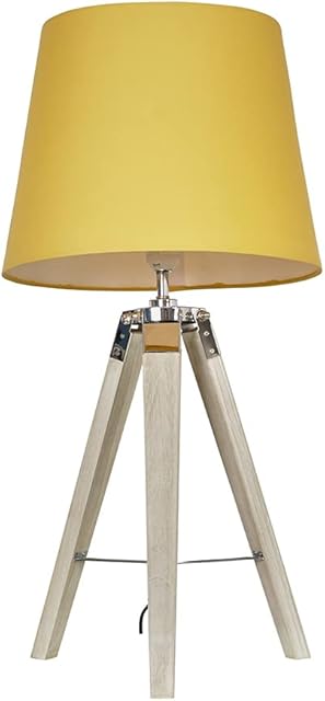 MiniSun Modern Distressed Wood and Silver Chrome Tripod Table Lamp with a Mustard Tapered Light Shade